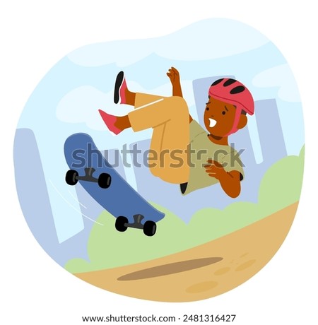 Child Wearing A Helmet Falling Off A Skateboard In An Urban Park Setting. Vector Scene Captures A Moment Of Surprise And Action, Emphasizing Safety And Adventurous Play. Colorful Cartoon Illustration