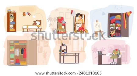 Six Different Children Rooms. Cartoon Vector Toy-filled Bedroom, Cozy Reading Nook, Art Corner With A Wardrobe, An Organized Closet, A Tidy Study Desk, And A Working Desk With A Laptop And Stationery