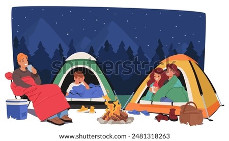 Family Enjoys A Cozy Night Camping Under A Starry Sky With Two Tents And A Campfire. People Relaxing And Drinking From Mugs, Wrapped In Sleeping Bags And Blankets. Vector Scene Camping Adventure