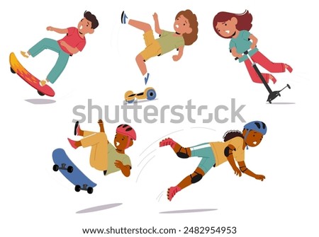 Children Falling Off Skateboards, Scooters, Hoverboards, And Roller Skates. Vector Energetic Concepts Of Accidents, Safety, And Adventure In Outdoor Activities. Each Child Is Depicted In Mid-fall