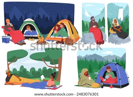 Group Of Characters Enjoying Different Camping Scenarios, With Tents And Sleeping Bags Amidst Nature. Cartoon Vector Images Of Various Camping Activities, Relaxation, And Beauty Of Outdoor Adventures