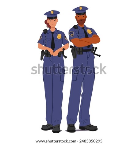 Male And Female Police Officers In Uniform, Standing With Confidence Depict Teamwork, Authority, And Professionalism In Law Enforcement. Concepts Of Public Safety, Police Force, And Community Security