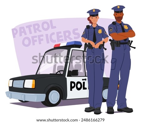 Male And Female Police Officers In Uniform Standing By A Patrol Car. Characters Appear Confident And Ready For Duty, Symbolizing Security, Protection, And Law Enforcement Teamwork. Vector Illustration