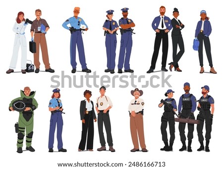 Set Of Police Officers And Law Enforcement Personnel, Including Detectives, Swat Team Members, Forensic Scientists, Country Sheriff, Fbi Agents and Deminer Characters. Cartoon Vector Illustration