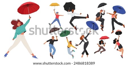 Diverse Group Of People Character Flying In The Air Using Colorful Umbrellas. Cartoon Vector The Image Conveys A Sense Of Joy, Celebration, And Freedom. Concepts Happiness, Unity, And Imagination