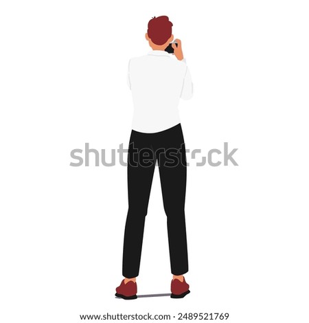 Person Standing And Taking A Photo With Camera, Rear View. Male Character Dressed In A White Shirt And Black Pants, Representing Professional Concept Of Photography. Cartoon People Vector Illustration