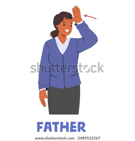 Woman Demonstrating The American Sign Language Sign For Father. Cartoon Female Character Is Smiling And Gesturing With Hand. Vector Image For Educational Purposes, Inclusive Communication Materials