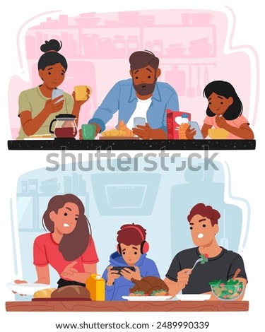 Two Families Sitting At Their Dining Tables, Engaged In Using Their Phones While Eating. Concept Highlights Modern Trend Of Device Use During Family Meals And Its Impact On Communication And Bonding