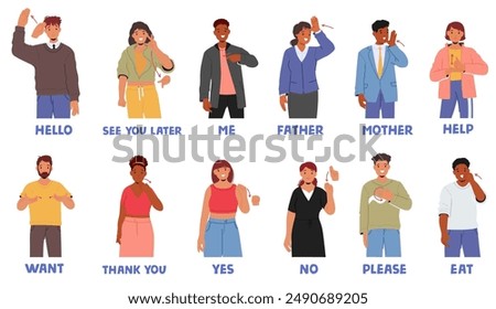 Diverse People Characters Demonstrating Basic Sign Language, Including Phrases Like Hello, Thank You, Help, See You Later, Yes Or No, Me, Father, Mother. Inclusive Communication Cartoon Vector Concept