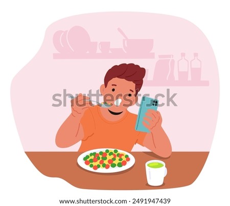 Child Eating Breakfast While Using A Smartphone Depicts Modern Technology Habits In Kids, Multitasking, Importance Of Digital Devices. Concept Of Screen Time, Gadget Addiction, And Children Lifestyle