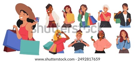 Diverse Women Enjoying Shopping, Holding Credit Cards And Shopping Bags. Cartoon Vector Image Showcases Happiness, Retail Therapy And Consumerism. Ideal For Topics On Lifestyle, Retail And Commerce