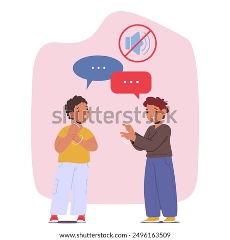 Two Boys Communicating In Sign Language. Characters Standing Under the No Sound Sign, Promoting The Importance Of Nonverbal Communication For Those Who Are Deaf Or Hard Of Hearing. Vector Illustration