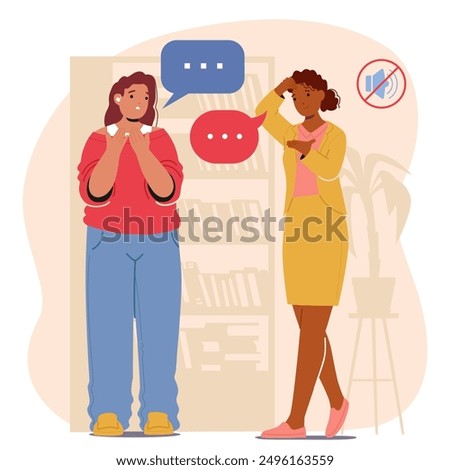 Two Diverse Women Communicating In Sign Language With Speech Bubbles And Mute Symbol In Background. Deaf or Mute female Characters Speaking with Hand Gestures. Cartoon People Vector Illustration