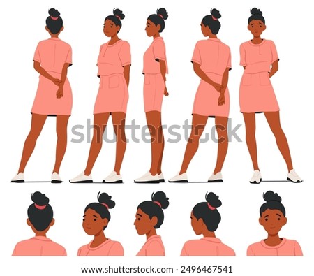 Young Woman Wearing Pink Dress And White Sneakers In Various Poses And Angles. Female Character Stands With Her Hands Clasped Behind Her Back, Facing Front, Back And Side Profiles. Vector Illustration