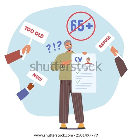 Illustration Depicting Age Discrimination In Job Applications. Older Job Applicant Faces Rejection Signs And Age Restrictions Highlights Challenges And Prejudice Faced By Seniors In Employment Market