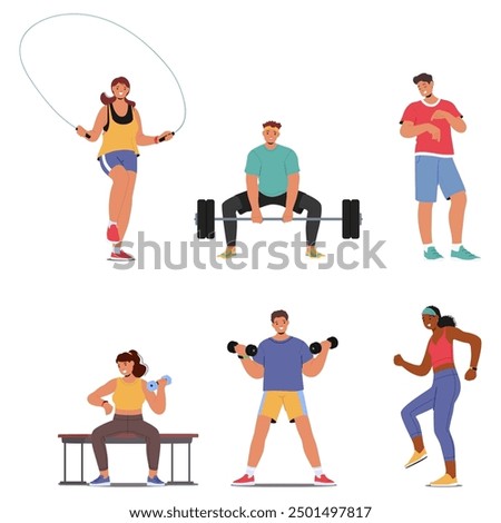 Vector Set Of Character Performing Fitness Activities Including Skipping Rope, Weightlifting, And Jogging. Cartoon Illustration Promoting Healthy Lifestyles, Workout Routines, And Fitness Programs