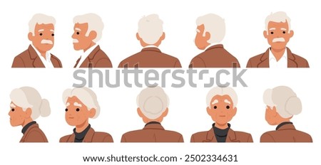 Set Showing Different Profile Views Of An Elderly Man And Woman. Old Characters Wearing Formal Attire Front, Side And Back Views, Perfect For Use In Senior-related Content, Storytelling, Animation