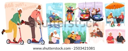 Happy Older People Engaging In Fun Activities, Riding Scooters, Dining, And Celebrating, Elderly Characters Exude Joy, Friendship And Vitality. Age Is Just A Number And Staying Young At Heart Concepts