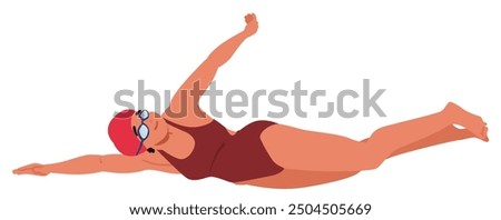 Cartoon Woman Swimming Backstroke In A Red Swimsuit And Swim Cap. Vector Image Depicts Fitness, Sport, And Movement. Ideal For Concepts Related To Swimming, Exercise, Health, And Athletic Performance