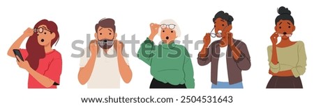 Diverse People Characters Showing Surprised Expressions While Wearing Or Adjusting Glasses. Different Ages And Genders Depicted In Astonished Reactions. Concept Of Shock, Disbelief And Unexpected News