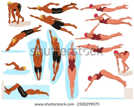 Male And Female Swimmers In Different Swimming And Diving Poses. Cartoon Vector Illustration Highlights The Athleticism, Skill And Precision Of Swimmers As They Perform Various Strokes And Dives