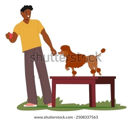 Man Owner Is Training A Poodle Outdoors Using A Ball As A Reward. Cartoon Dog Stands On A Platform As Part Of The Training. Vector Image Conveys Themes Of Companionship, Obedience, And Pet Training