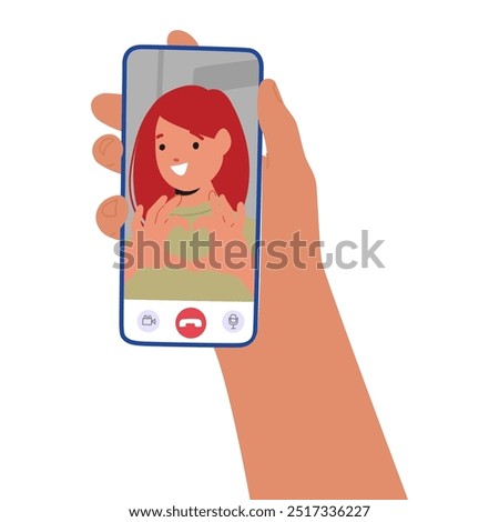 Hand Holding Smartphone Showing A Video Call With A Smiling Female Character Making A Heart Gesture. Vector Image Highlights Digital Connection And Affectionate Communication Through Modern Technology