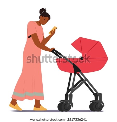 Young Woman In Pink Dress Walks With Red Baby Stroller While Checking Phone In Relaxed Setting. Young Black Mother Character Chatting Isolated on White Background. Cartoon People Vector Illustration