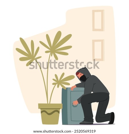 Burglar in a Hoodie and Mask Trying to Crack a Safe in a Room. Image Depicts Crime, Security Breach, Theft Concepts, Highlighting Need for Better Protection from Illegal Activities in Home Environment