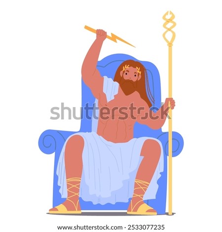 Zeus Ancient Greek God Character Sitting Majestically On A Royal Throne Holding A Lightning Bolt And Scepter In A Symbolic Gesture Of Power And Authority. Cartoon Vector Illustration