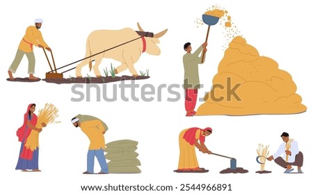 Traditional Farming Activities Featuring Indian Men And Women Working With Animals, Tools, And Crops. Scenes Include Plowing With Oxen, Carrying Harvested Bundles, Threshing, And Crop Planting