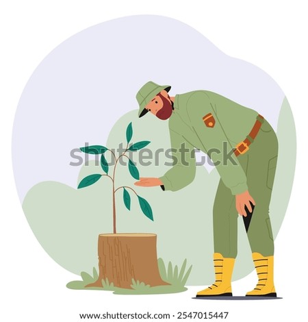 Man forest ranger character taking care of felled tree trunk with young green sprout growing out vector illustration. Conservationist providing landscaping and renovation service in national park