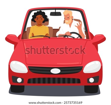 Angry furious married couple quarreling arguing while riding car isolated on white background. Young woman frowning forehead sitting with crossed hands on chest. Man yelling on wife driving automobile