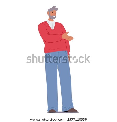 Senior man cartoon character offering hand to handshake showcasing greeting gesture or successful deal agreement vector illustration. Male personage expressing positive mood and friendliness