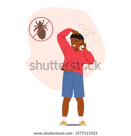 Unhappy annoying schoolboy child character grimacing face scratching hair scalp having pediculosis dermatology problem lice parasitic infestation feeling discomfort cartoon vector illustration scene