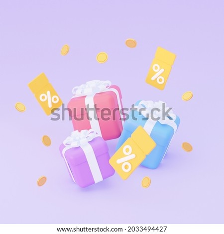 Gifts with coupons and coins. The concept of a sale with discounts and promo codes. 3d rendering