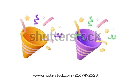 3D party popper with confetti for party, birthday and new year. In purple, yellow colors. 3D rendering illustration Foto d'archivio © 