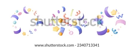 Confetti 3d party set on a white background. Festive Template in colorful  colors for party illustration, surprise, celebrate, gift, birthday invitation. Realistic vector confetti in cartoon style