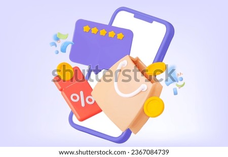Advantageous Purchase from online store. Phone with coupon and bag. 3d render vector illustration. Loyalty program concept.