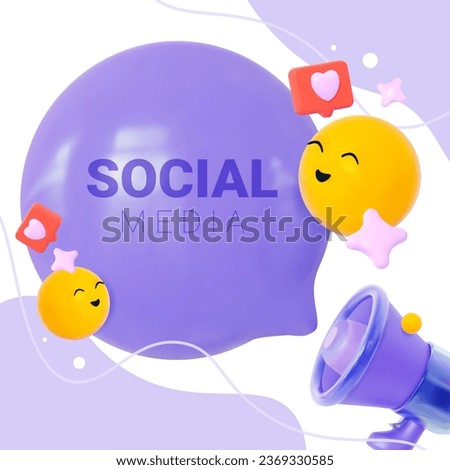 Square post on social media. Megaphone, loudspeaker with speech bubble. For marketing, alarm, advertising, announcement portals. Vector 3d illustration of the template. 