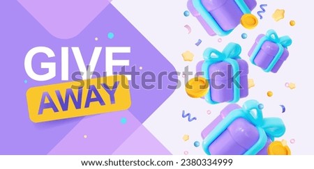 Purple flying gifts with confetti. GIVEAWAY banner template.  Vector illustration for greeting cards, banners, poster templates. Celebration horizontal image.