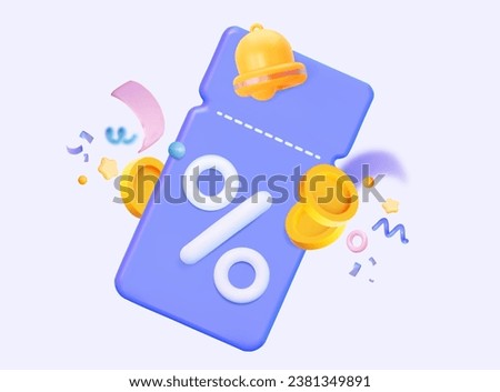 3D vector ticket and bell notification with confetti. Holiday gift voucher for birthday, new year, housewarming party. Online promo sale shopping. promotion on goods or discount on various services. 