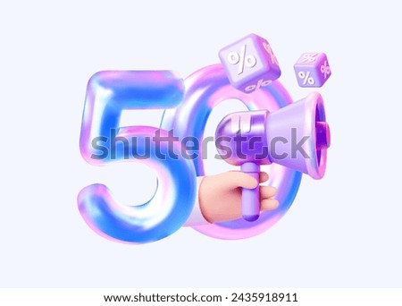 50 percent discount. An announcement with a sale of large discounts. With a megaphone and 3D cubes in the form of percentages. 3d vector illustration
