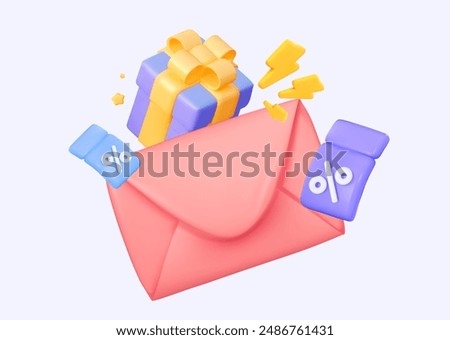 A red envelope with flying coupons and a gift, designed for promoting subscriptions and attractive sale offers. For highlighting cashback opportunities. 3D vector illustration