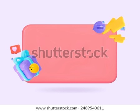 3d speech bubble with an empty space for text. An empty 3D Red board with a gift and a lightning bolt sign. The image is ideal for various promotions, quick messages.