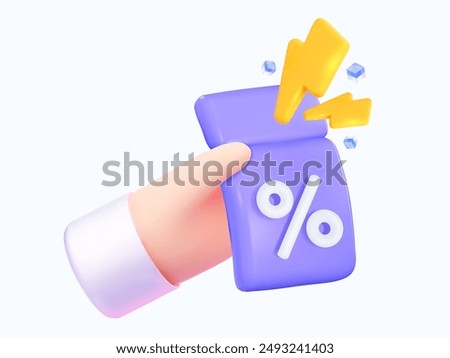 3D Сoupon in hand with lightning bolt for sales, quick cash back, and promotions. 3D vector illustration.