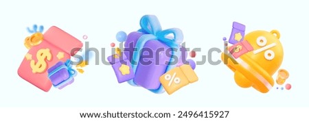 3d notification bell, gift and coupon icon set. Bonus with ticket and coins. A purple gift surrounded by discount coupons.