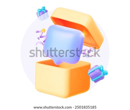 Gift open yellow box without a bow with an empty speech bubble, confetti and gifts. It can be used for discounts, sales, promotional newsletters or subscriptions. 3D vector illustration.