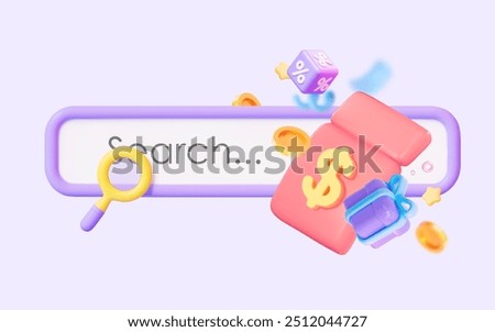 Creative 3D search bar in search of gift coupons, discounts for birthdays, black Friday, New year, birthday. A bright vector illustration of a coupon with a dollar, coins, gifts and confetti.