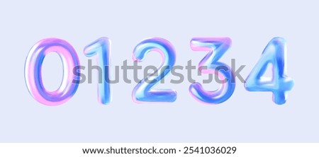 3D holographic numbers 0, 1, 2, 3, 4. Set of liquid-style numbers for birthdays, bonuses, New Year, and promotions. Vector illustration in purple and blue tones.